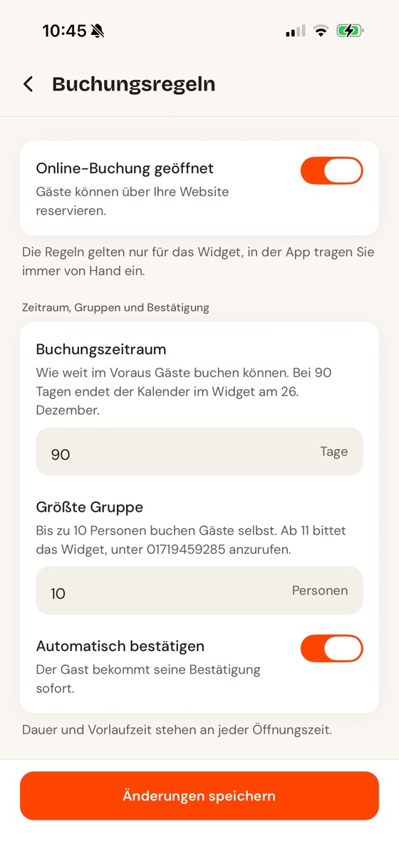 Buchungsregeln in der App: Online-Buchung geöffnet, Buchungszeitraum, größte Gruppe, automatisch bestätigen